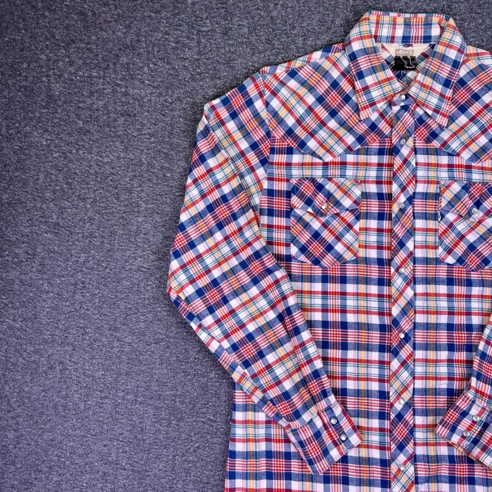 VTG 70s Levis Western Shirt Mens XL Plaid Snap‎ Sportswear Retro Big E White Tab